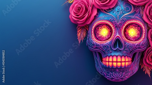 A vibrant, decorative skull adorned with roses and glowing eyes, set against a deep blue background, embodying themes of life and death.