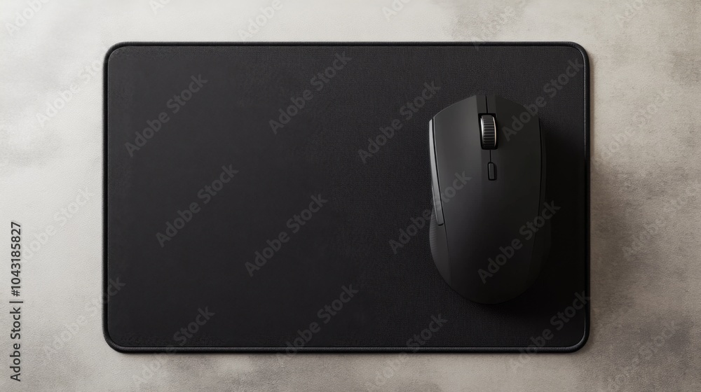 A black wireless mouse on a black mousepad. A black wireless mouse on a black mousepad.