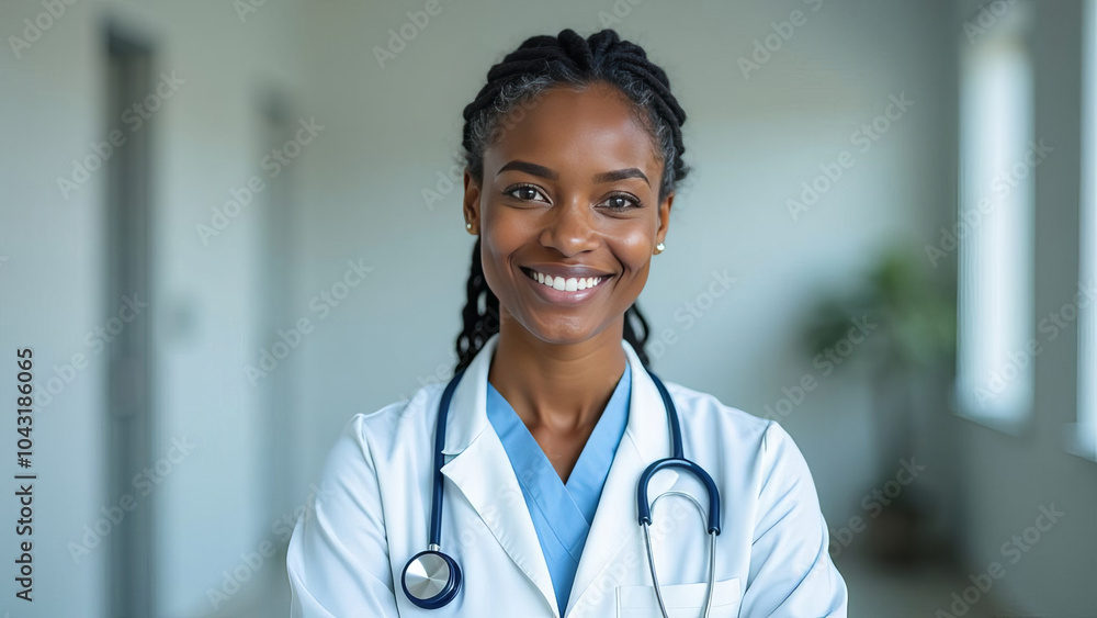 Friendly adult female doctor in workwear with stethoscope on neck in clinic interior, looking and smiling at camera, copy space Friendly adult female doctor in workwear with stethoscope on neck in clinic interior, looking and smiling at camera, copy space