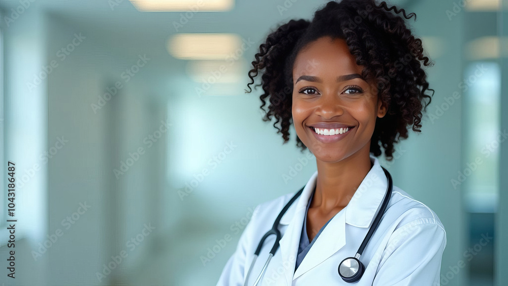 Friendly adult female doctor in workwear with stethoscope on neck in clinic interior, looking and smiling at camera, copy space Friendly adult female doctor in workwear with stethoscope on neck in clinic interior, looking and smiling at camera, copy space