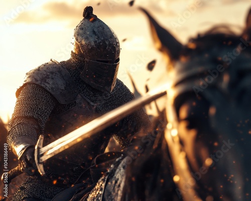 A medieval knight in full armor charging into battle on horseback, wielding a sword at sunset with dramatic lighting and action. photo