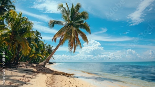 Tropical white sand beach with palm trees, Vacation travel background, AI generated image