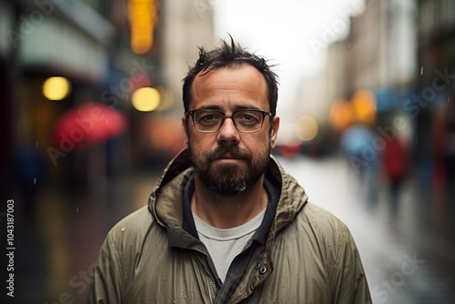 portrait of a young man with a beard and glasses in the rain