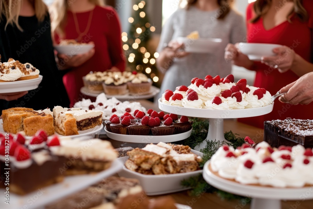 A table spread with a variety of delicious desserts, including cakes, cupcakes, and pies. The table is set for a holiday gathering. A table spread with a variety of delicious desserts, including cakes, cupcakes, and pies. The table is set for a holiday gathering.