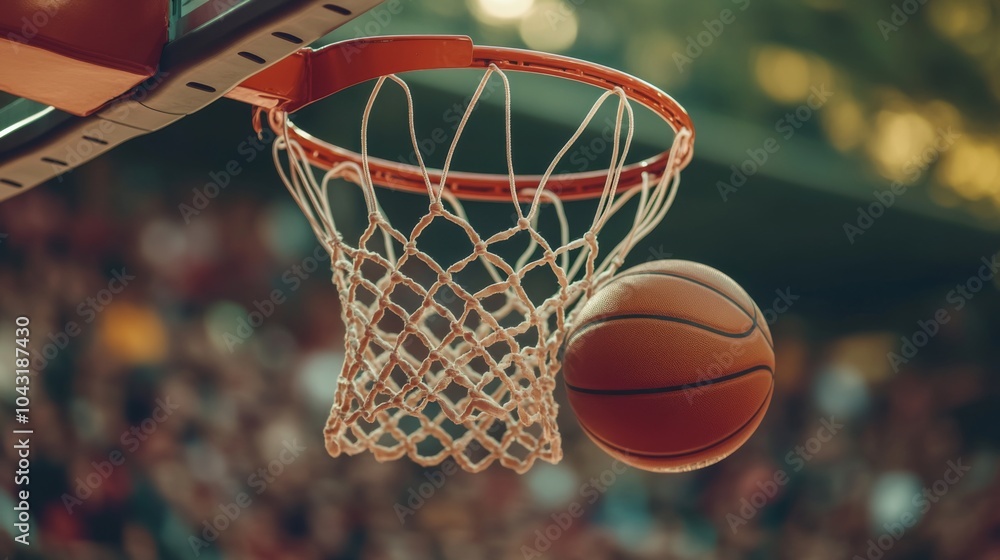 A basketball is mid-air, heading towards the hoop as fans cheer enthusiastically at an outdoor basketball game at sunset. The atmosphere is charged with excitement.