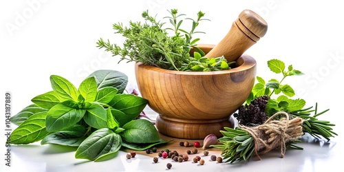 Herbs and spices in mortar and pestle with olive oil on white background