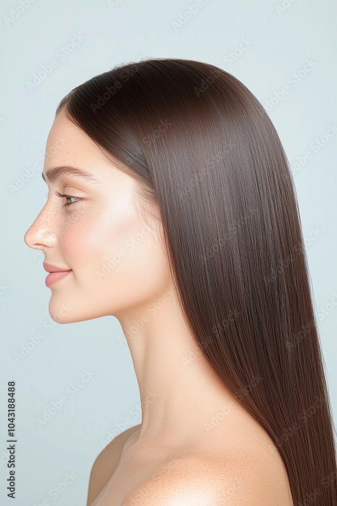 Portrait of a Young Woman with Sleek Straight Hair and a Natural Look in a Minimalist Studio Setting Portrait of a Young Woman with Sleek Straight Hair and a Natural Look in a Minimalist Studio Setting