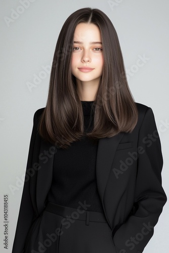 Portrait of a Young Woman with Sleek Straight Hair and a Natural Look in a Minimalist Studio Setting