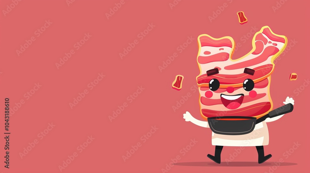 Cute Cartoon Bacon Character Cooking in a Pan Cute Cartoon Bacon Character Cooking in a Pan