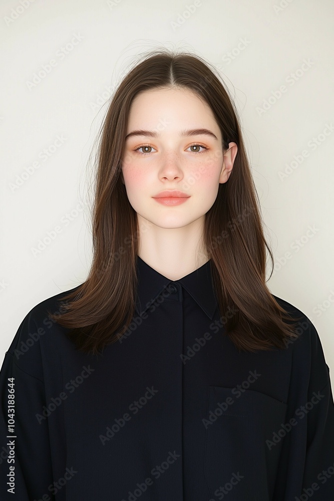 Portrait of a Young Woman with Sleek Straight Hair and a Natural Look in a Minimalist Studio Setting Portrait of a Young Woman with Sleek Straight Hair and a Natural Look in a Minimalist Studio Setting