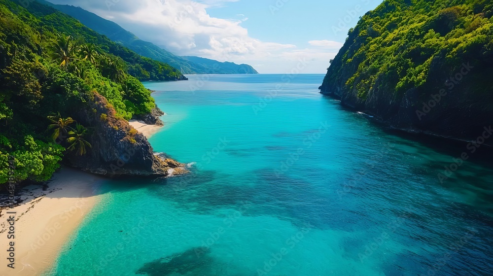 Fototapeta premium Remote beach cove with turquoise waters, lush greenery surrounding, untouched coastline, escape from the world, remote cove, serene escape