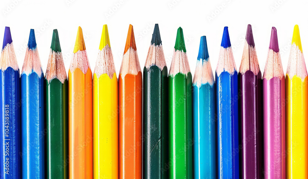 Colorful pencils arranged in a row, isolated on a white background. Colorful pencils arranged in a row, isolated on a white background.