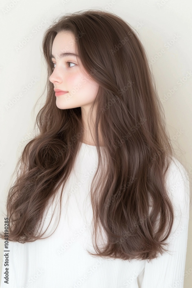 Side profile portrait of a young woman with long wavy hair and natural beauty wearing a white outfit Side profile portrait of a young woman with long wavy hair and natural beauty wearing a white outfit