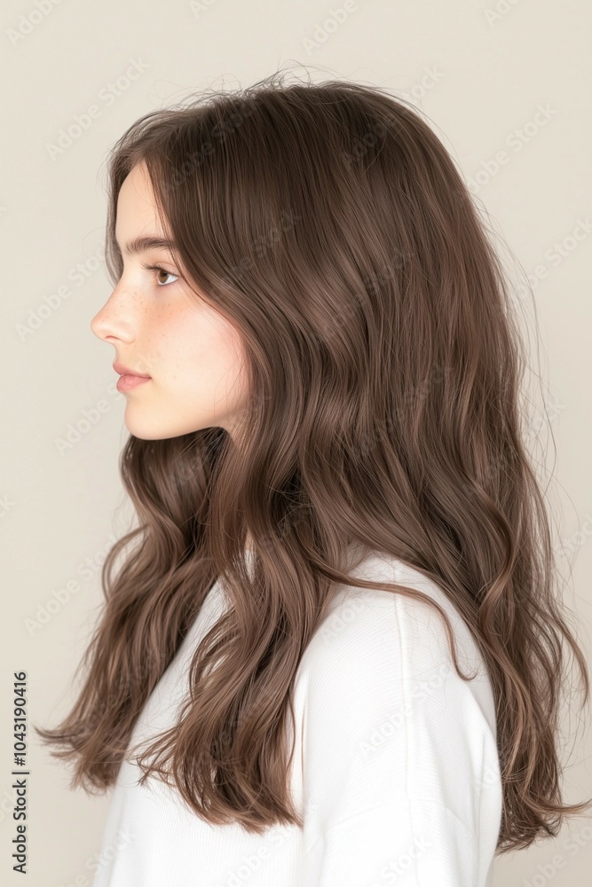 Side profile portrait of a young woman with long wavy hair and natural beauty wearing a white outfit Side profile portrait of a young woman with long wavy hair and natural beauty wearing a white outfit