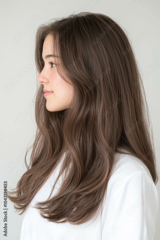 Side profile portrait of a young woman with long wavy hair and natural beauty wearing a white outfit Side profile portrait of a young woman with long wavy hair and natural beauty wearing a white outfit
