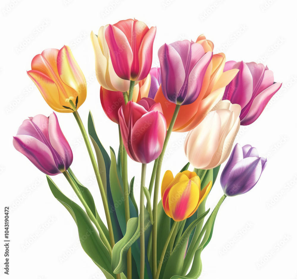 Obraz premium A bouquet of tulips in various colors against a white background, illustrated with simple lines, no shadows or highlights, appearing fresh and natural with bright colors and detailed depiction.