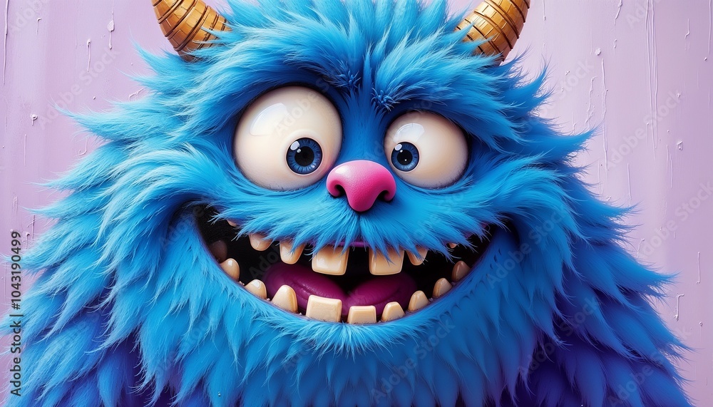 Obraz premium Playful blue furry monster with big eyes and toothy grin
