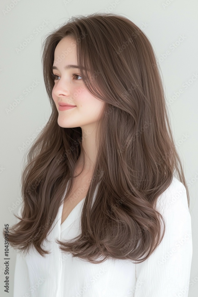 Side profile portrait of a young woman with long wavy hair and natural beauty wearing a white outfit Side profile portrait of a young woman with long wavy hair and natural beauty wearing a white outfit