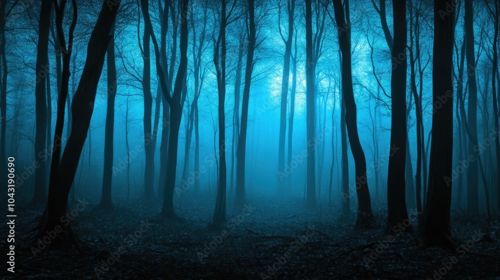 Obraz premium Nightmare Realm: Fog-Shrouded Trees with Haunting Spirits