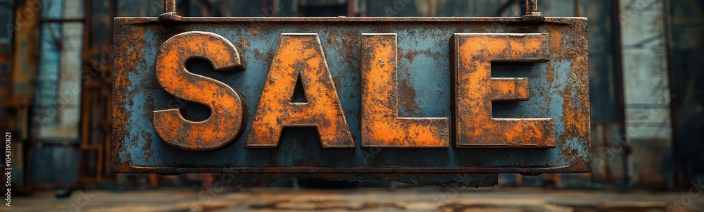 Rusty sign with sale written on it hanging from a chain Rusty sign with sale written on it hanging from a chain