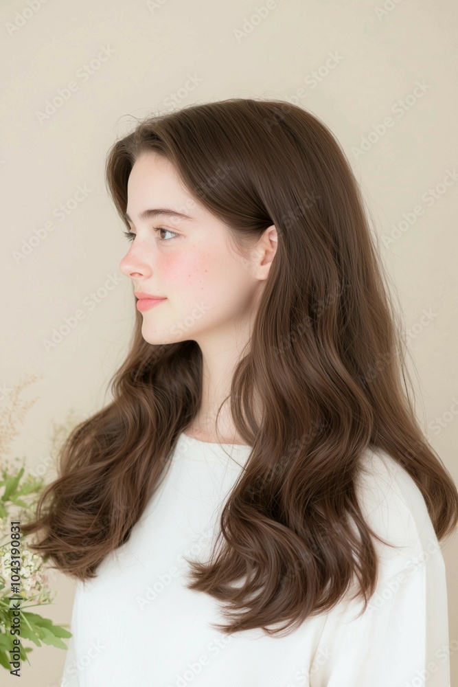 Fototapeta premium Side profile portrait of a young woman with long wavy hair and natural beauty wearing a white outfit