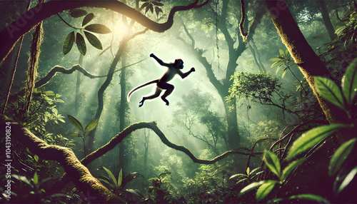 Fototapeta Naklejka Na Ścianę i Meble -  Agile Monkey Swinging in Lush Jungle Environment