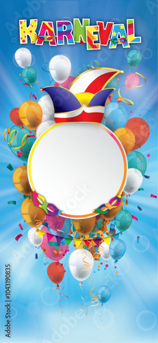 Karneval Cover Hochformat mit bunten Luftballons, Konfetti und einer Etikette vor dem blauen Himmel