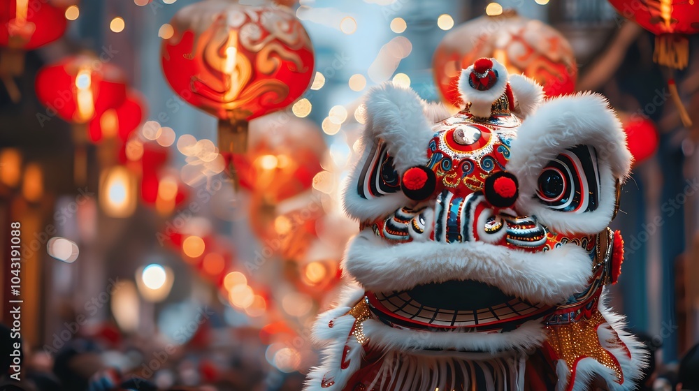 Vibrant Lion Dance Celebration with Lanterns Vibrant Lion Dance Celebration with Lanterns