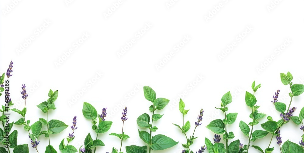 A minimalist arrangement of green leaves and purple flowers against a white background. A minimalist arrangement of green leaves and purple flowers against a white background.