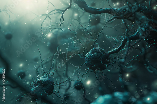 3D depiction of brain cells and neurons glowing against a background, creating a cinematic effect.