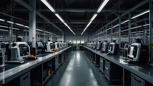 A sleek production line where human operators collaborate with AI-powered robots to optimize the manufacturing process in real-time. photo