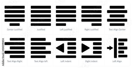 A set of 10 editing tools icons as center justified, justified, left justified