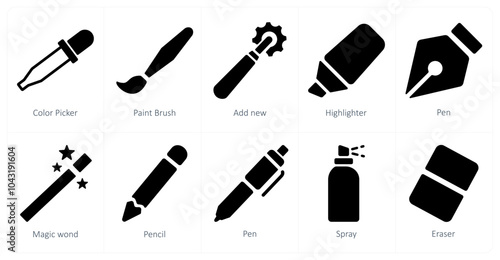 A set of 10 editing tools icons as color picker, paint brush, add new