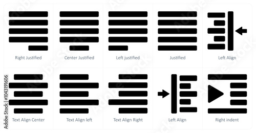 A set of 10 editing tools icons as right justified, center justified, left justified