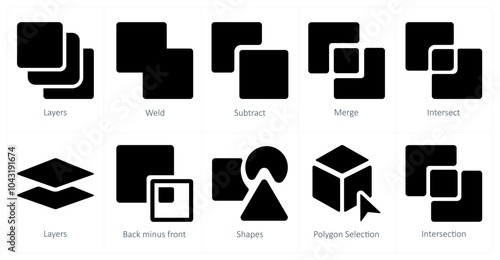 A set of 10 editing tools icons as layers, weld, subtract