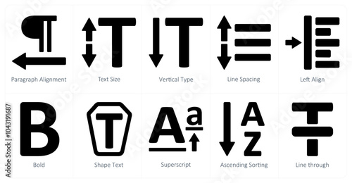 A set of 10 editing tools icons as paragraph alignment, text size, vertical type