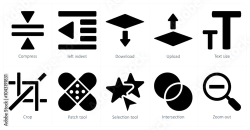 A set of 10 editing tools icons as compress, left indent, download