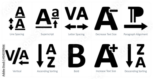 A set of 10 editing tools icons as line spacing, superscript, letter spacing