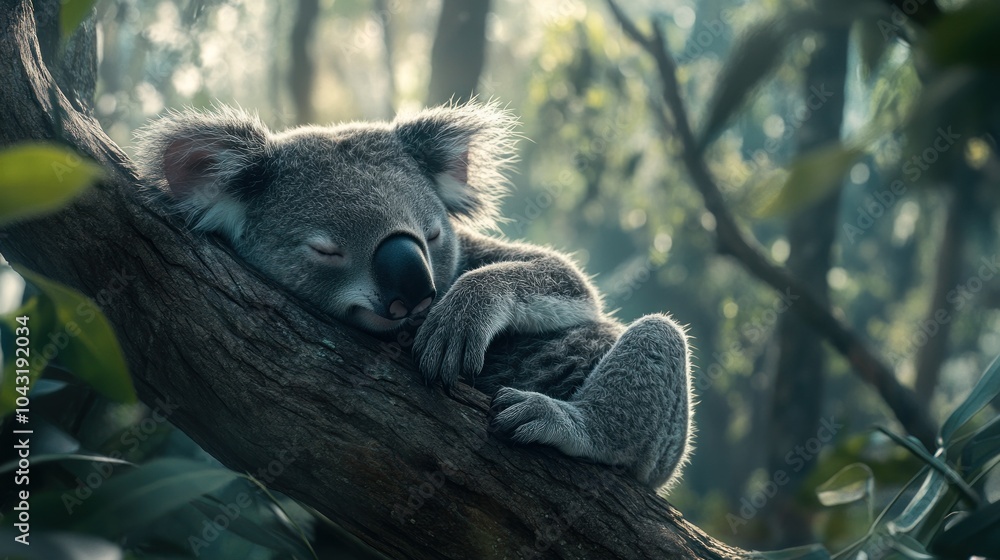 Fototapeta premium A peaceful koala sleeping on a tree branch in a serene forest setting.