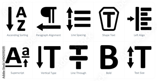 A set of 10 editing tools icons as ascending sorting, paragraph alignment, line spacing