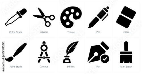 A set of 10 editing tools icons as color picker, scissors, theme