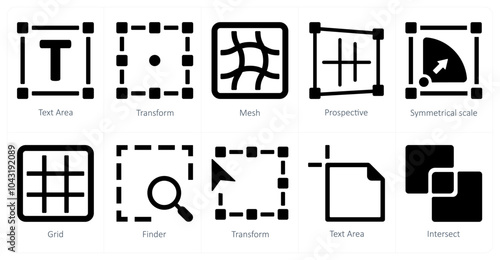 A set of 10 editing tools icons as text area, transform, mesh