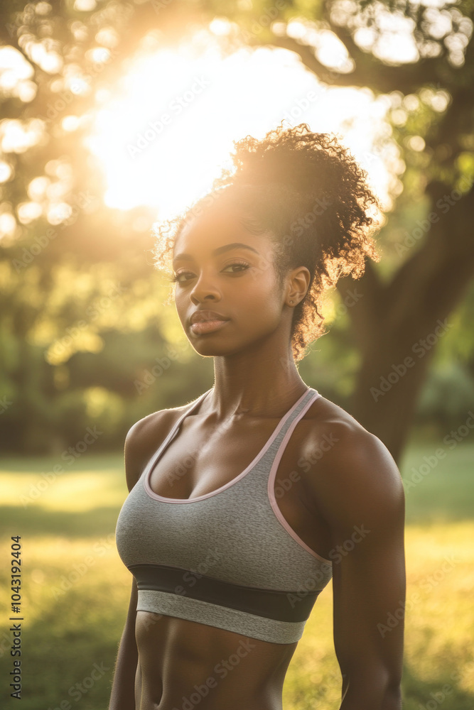 outdoor fitness, wellness routine, health and active lifestyle - confident african american woman in sunlit summer park in morning. outdoor fitness, wellness routine, health and active lifestyle - confident african american woman in sunlit summer park in morning.