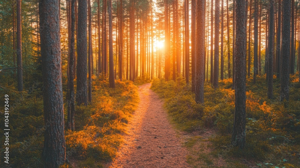 A serene forest path illuminated by sunset, inviting exploration and tranquility. A serene forest path illuminated by sunset, inviting exploration and tranquility.
