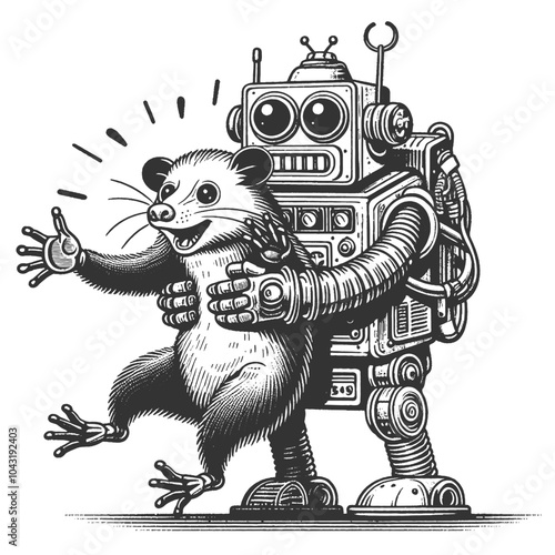 robot affectionately hugging a surprised cartoon opossum, technology with wildlife in a humorous way sketch engraving generative ai vector illustration. Scratch board imitation. Black and white image.