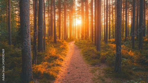 A serene forest path illuminated by sunset, inviting exploration and tranquility.