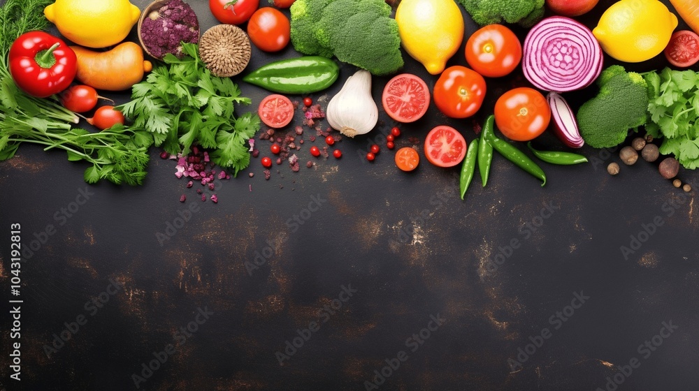 Fresh Vegetables and Fruits Arranged on Dark Surface Fresh Vegetables and Fruits Arranged on Dark Surface