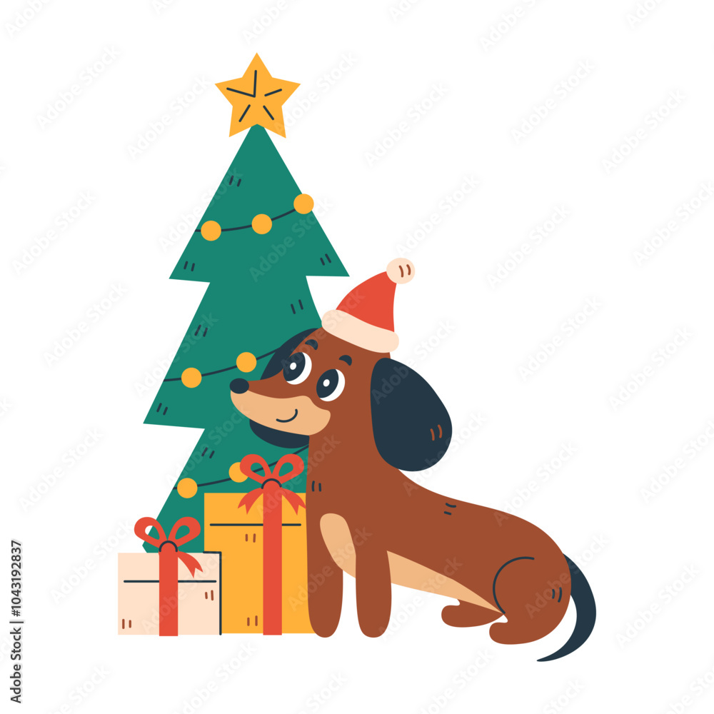 Fototapeta premium Dachshund Dog with Christmas Tree and Gifts. Cute hand drawn purebred puppy in Santa hat with Xmas decoration. Cartoon flat design. Vector illustration
