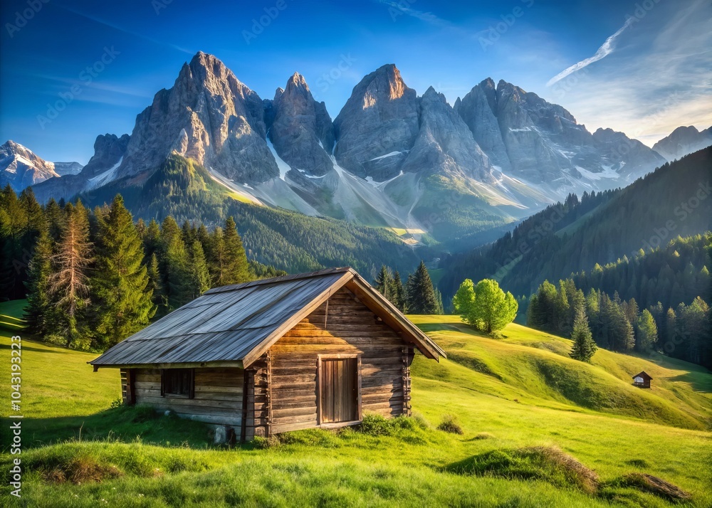 Serene Alpine Landscape with Isolated Hay Hut Surrounded by Majestic Mountains and Lush Greenery in a Picturesque Setting Serene Alpine Landscape with Isolated Hay Hut Surrounded by Majestic Mountains and Lush Greenery in a Picturesque Setting