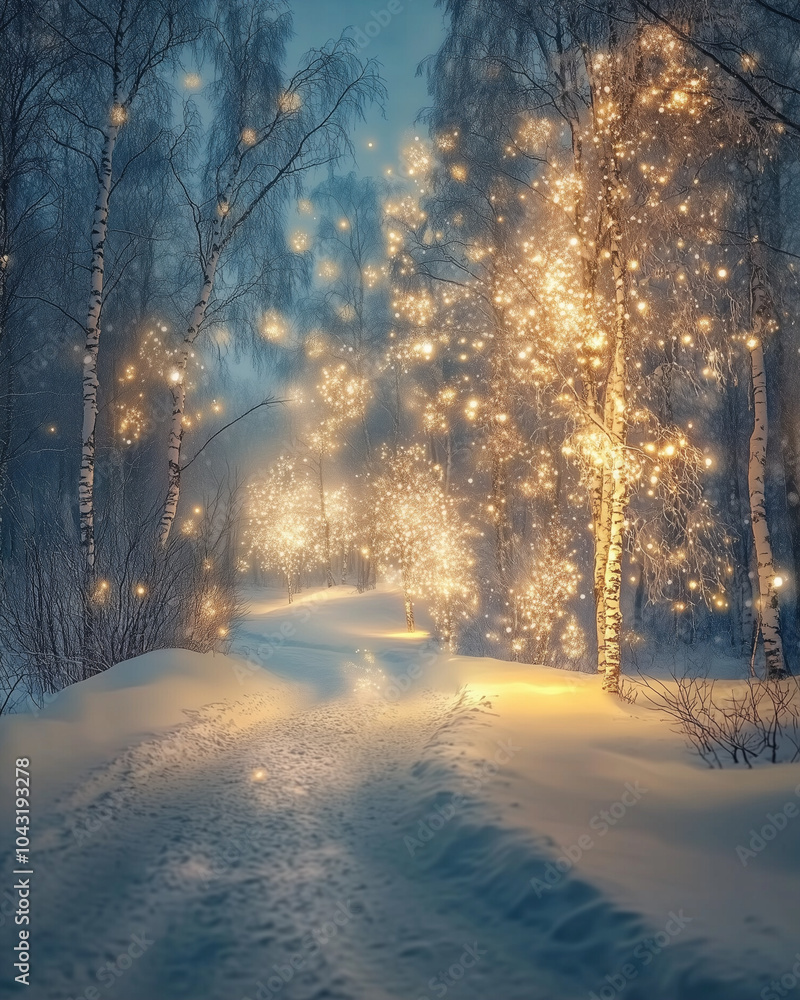 Enchanted Winter Forest Path with Magical Golden Lights Enchanted Winter Forest Path with Magical Golden Lights
